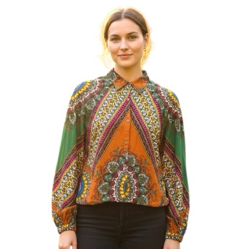 Farm Rio Women’s Colourful Mandel Patterned Button Down Open Back Top Size Small